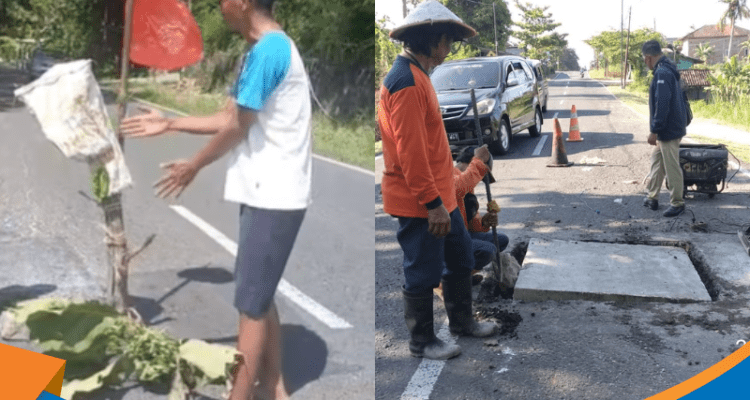 Warga memasang patok kayu di tengah jalan provinsi.