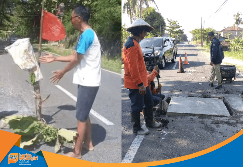 Warga memasang patok kayu di tengah jalan provinsi.